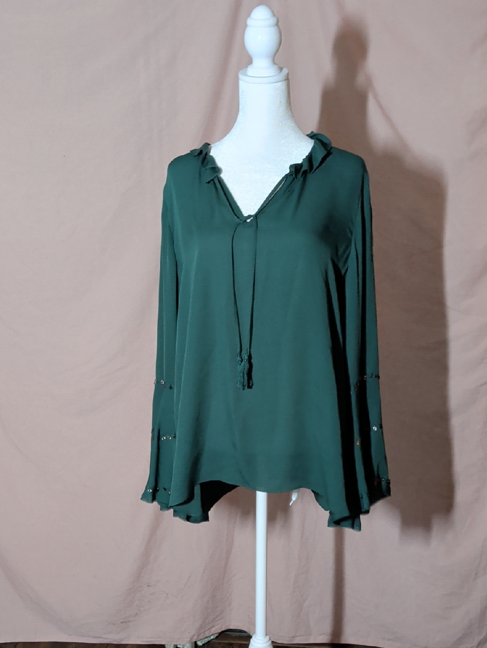 Kobi Helperin Silk Tie-Neck Long Sleeve Tunic in Deep Green